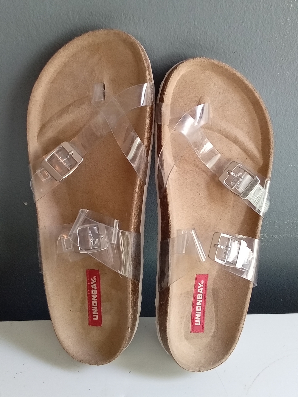 Unionbay Clear Strap Buckle Slide Sandals Tan Cork Footbed White Sole